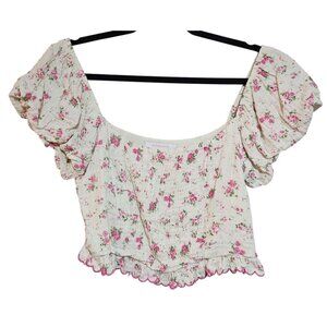 Floral Puff Sleeve Smocked Crop Top With Ruffle Hem Spring
